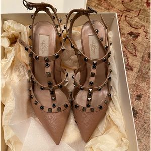 Limited edition Valentino ankle strap stiletto heels nude with antique studs.